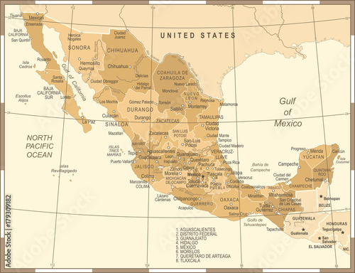Mexico Map - Vintage Vector Illustration