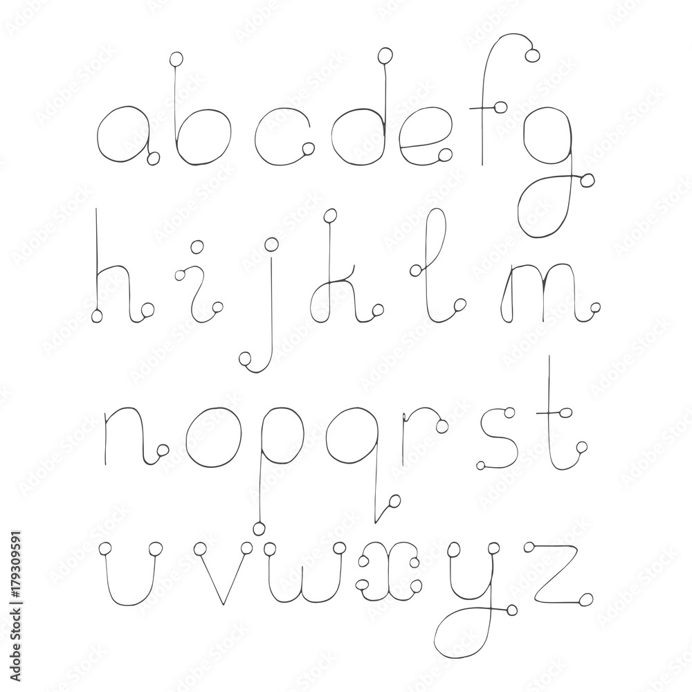 Vector set with hand drawn abc letters from A to Z in ink line style with  circles on tips. Black and white freehand graphic for education and  lettering Stock Vector | Adobe