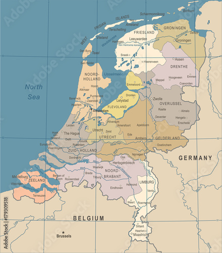 Netherlands Map - Vintage Vector Illustration