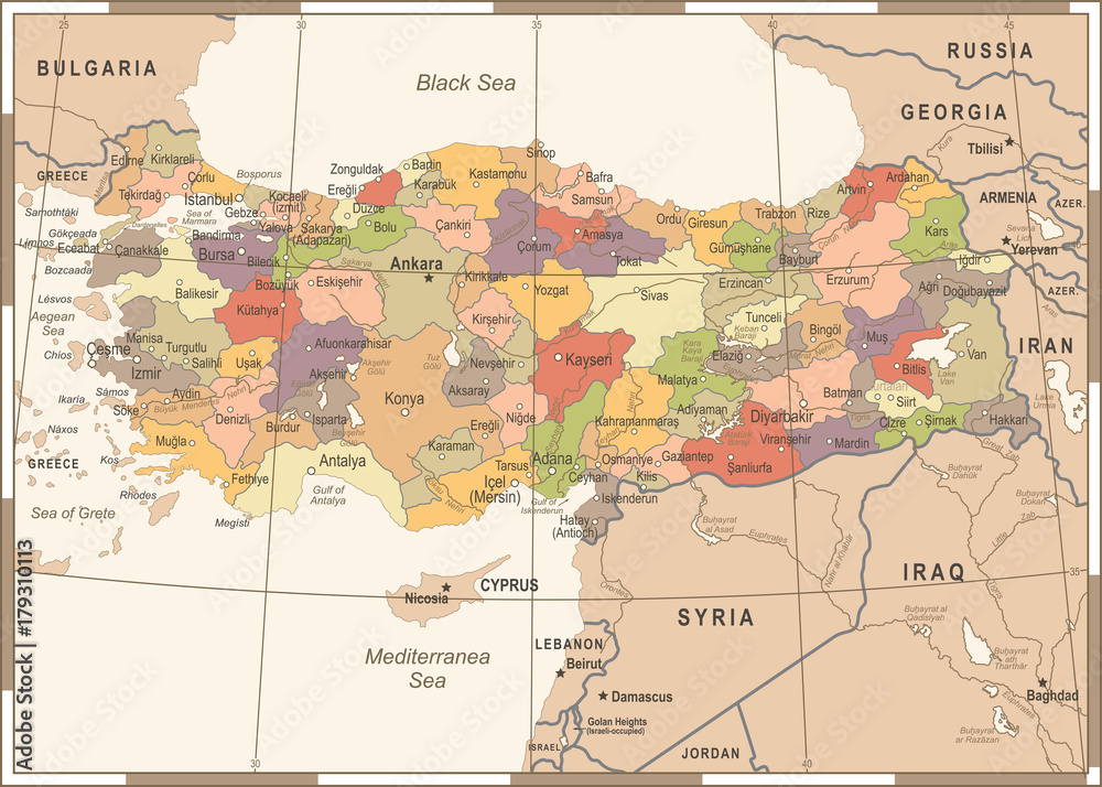 Turkey Map - Vintage Vector Illustration