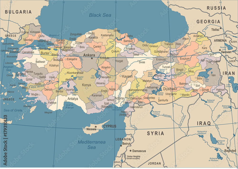 Turkey Map - Vintage Vector Illustration