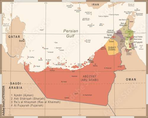 United Arab Emirates Map - Vintage Vector Illustration