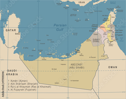 United Arab Emirates Map - Vintage Vector Illustration