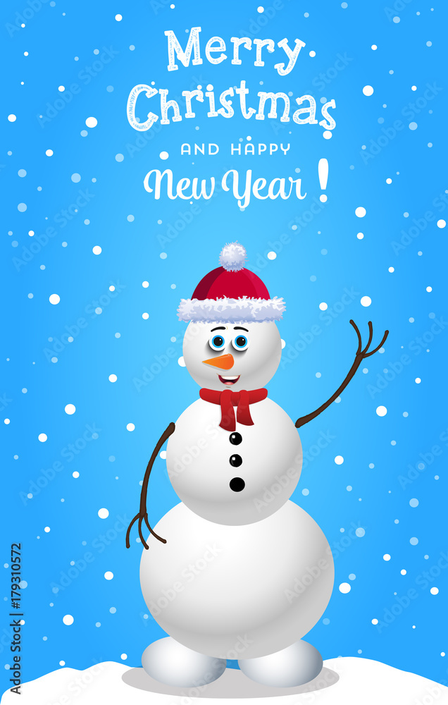 Christmas and new year card with cute cartoon snowman in santa hat and red scarf on blue snowy background. Vector illustration, greeting card.