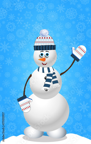 Cute cartoon snowman in knitted hat and mittens on blue snowy background. Vector illustration, clip art.