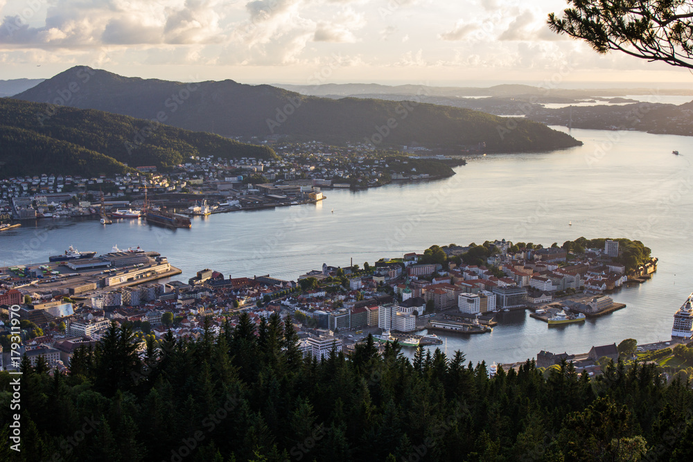 White Night of Bergen from view point Floyen, panoramic view, Bergen, Norway at sunset.