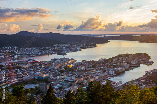 White Night of Bergen from view point Floyen, panoramic view, Bergen, Norway at sunset. © Alex Shirmanov
