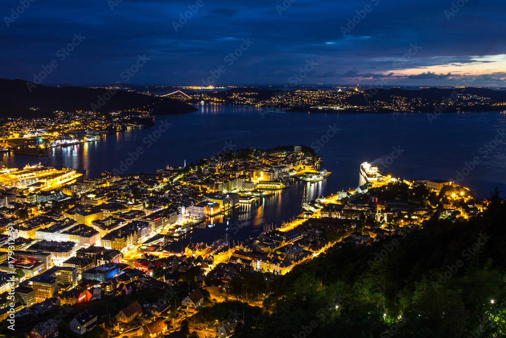 White Night of Bergen from view point Floyen, panoramic view, Bergen, Norway at sunset.