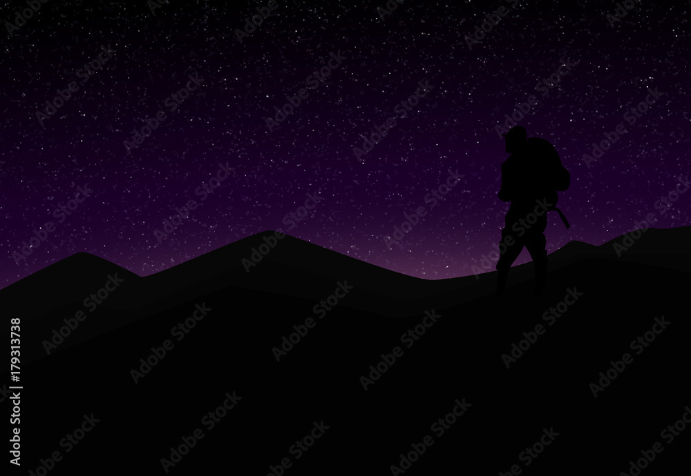 Silhouette of Mountaineer in front of Violet Starry Sky