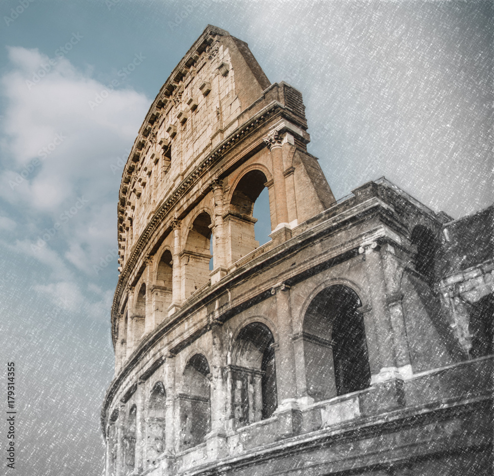 Close up on Roman colloseum in Rome, Italy, sketch to photo effect, soft focus