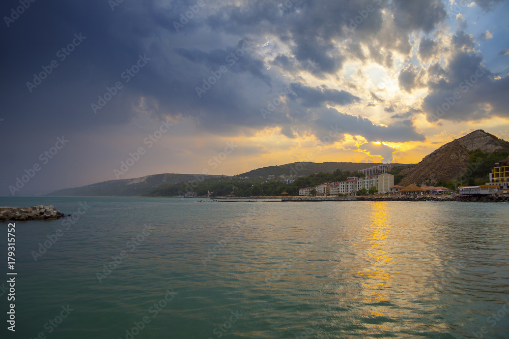 Sunset in the bay of Balchik town, Bulgaria, Black sea coast
