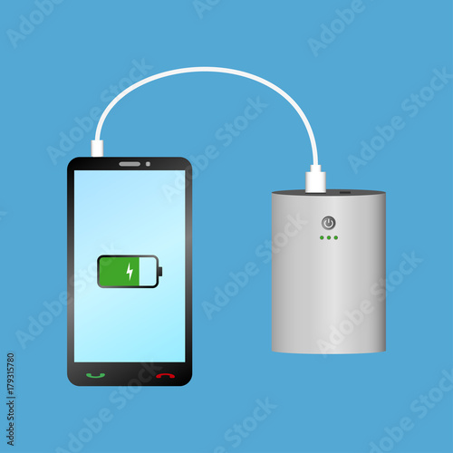 Smartphone charging with Power Bank via USB cable. Portable charger device and phone. Vector illustration.