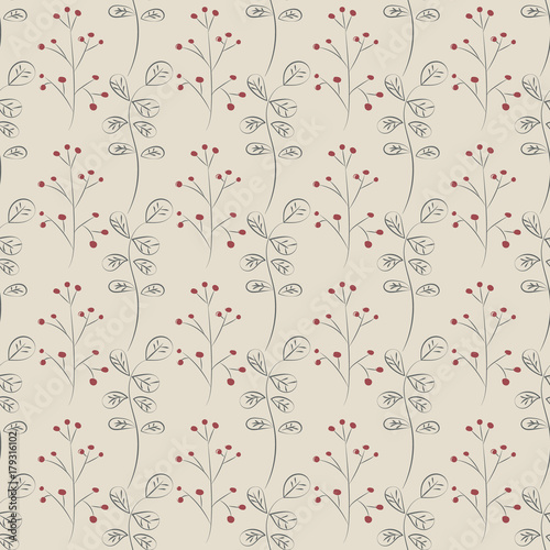 Hand drawn branches. Seamless botanical background with branches and berries