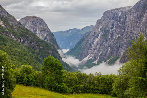 the beautiful view on Naeroydalen valley and peaks on Stalheim, Voss, Norway.