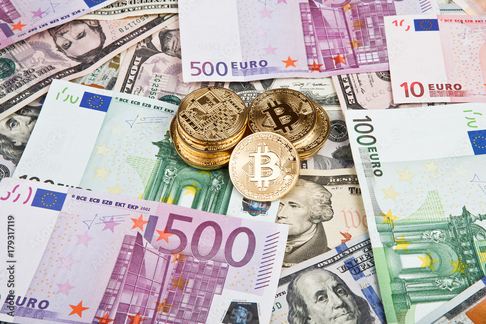 Obraz premium bitcoin coins with euros and dollars
