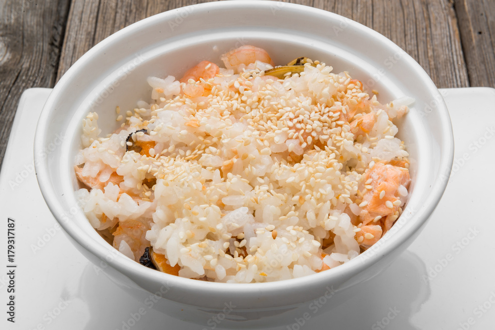 rice with seafood and sesame, traditional Japanese food rice with seafood and sesame, traditional Japanese food