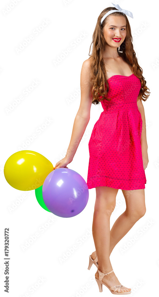 happy woman in dress with helium air balloon happy woman in dress with helium air balloon
