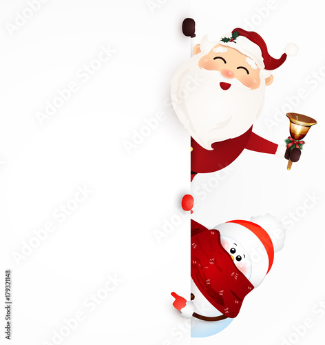 Happy smiling Santa Claus with jingle bell and snowman standing behind a blank sign, showing on big blank sign. vector illustration.