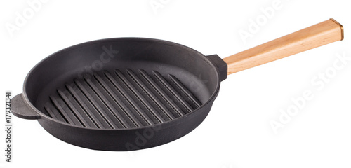 Black cast-iron frying pan for meat with wooden handle
