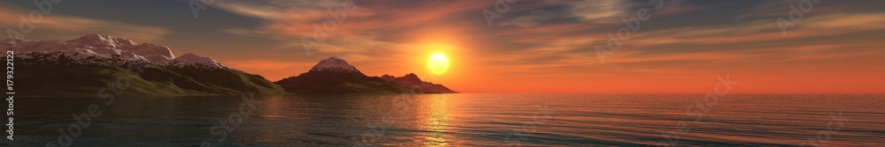 Sunset over the mountains in the sea, banner, 3D rendering
