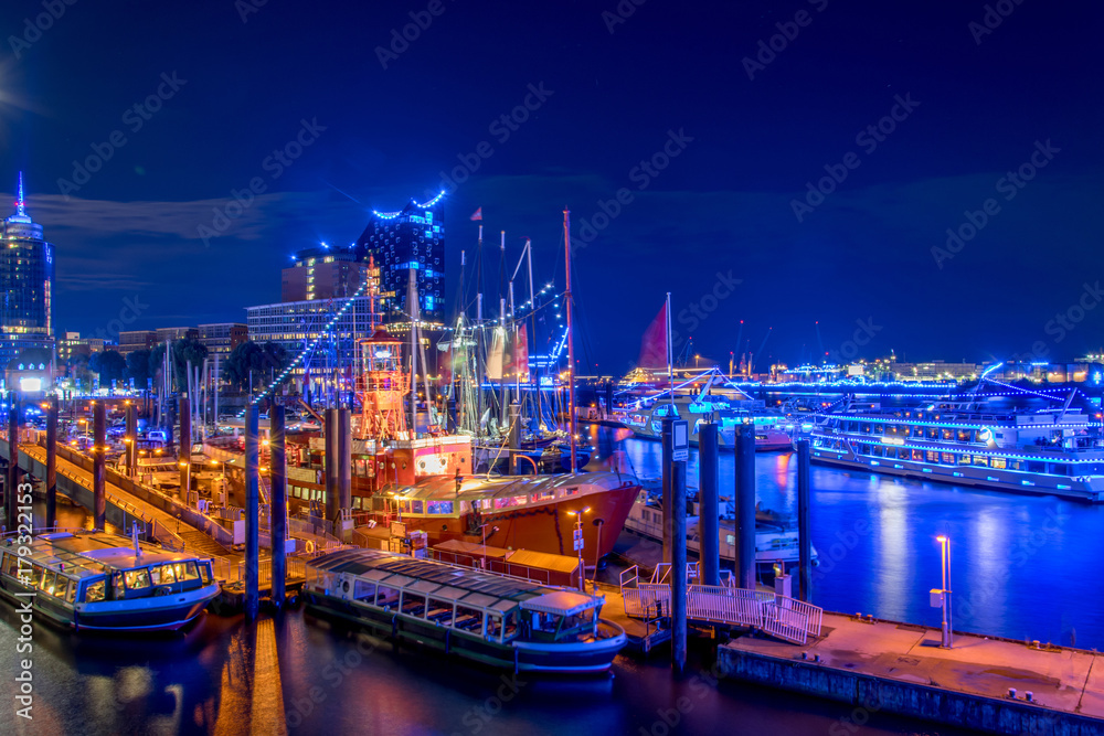 panorama of the harbor of Hamburg at night