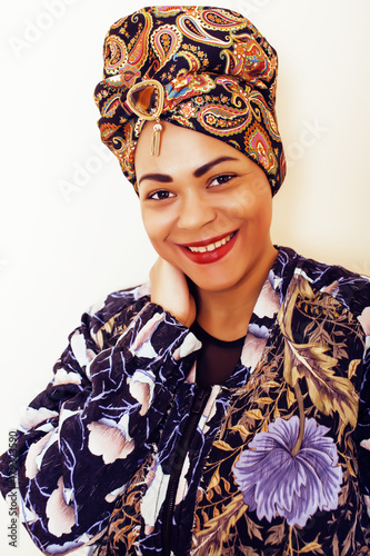 beauty bright african woman with creative make up, shawl on head like cubian closeup smiling, cheerful tan C72 lifestyle people concept photo