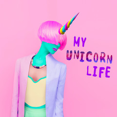 Contemporary art collage. Colorful girl. My unicorn life. Minimal Fashion style