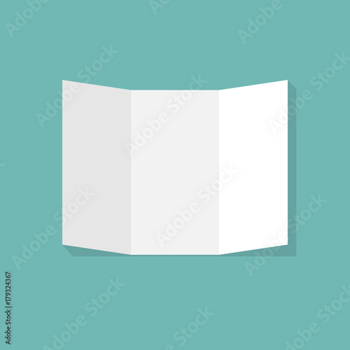 Blank white folding paper flyer. Trifold paper brochure. Stationery trifold brochure. Brochure presentation. Mockup design. Vector illustration flat style. Isolated on white background.