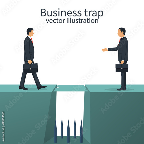 Business trap concept. Deceit betrayal. Businessman deceives competitor into trap. Competition. Vector illustration flat design. Isolated on white background. Person in suit tie with briefcase.