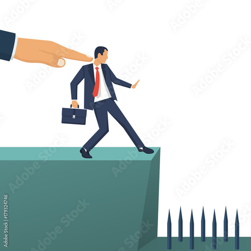 Big hand of leader pushes subordinate employee into abyss. Standing on cliff. Danger of falling into abyss. Business challenge concept. Vector illustration flat design. Isolated on white background. 