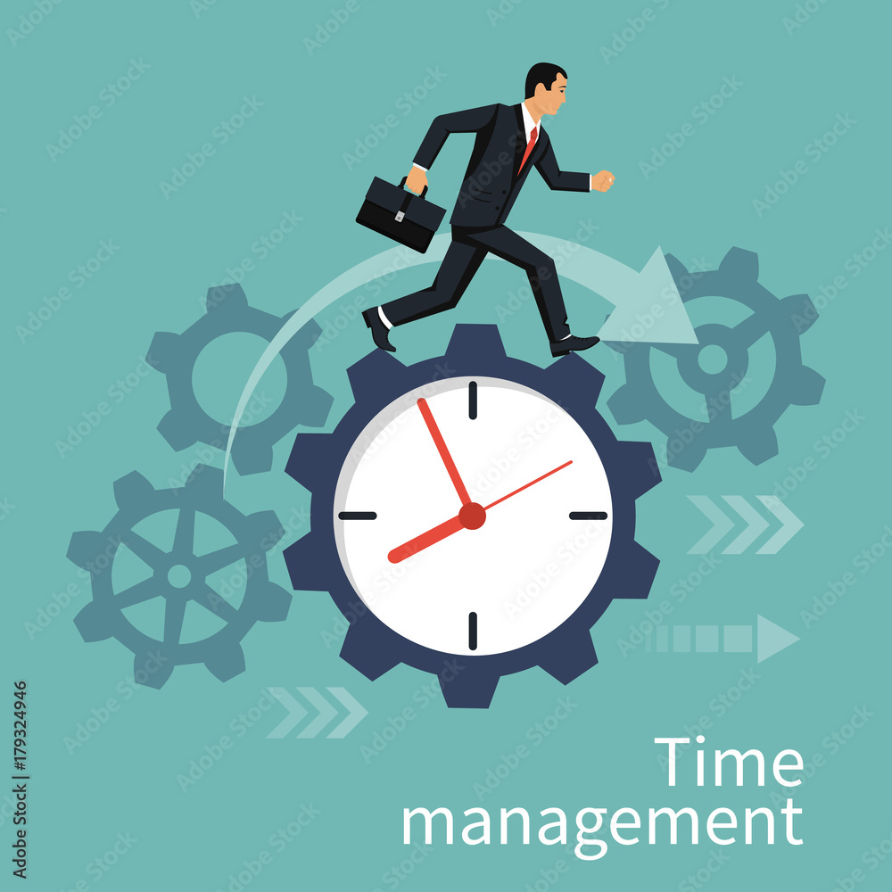 Time management, control. Vector illustration flat design. Isolated on background. Businessman run along gear in form of clock. Organization of process. Time management, control. Vector illustration flat design. Isolated on background. Businessman run along gear in form of clock. Organization of process.
