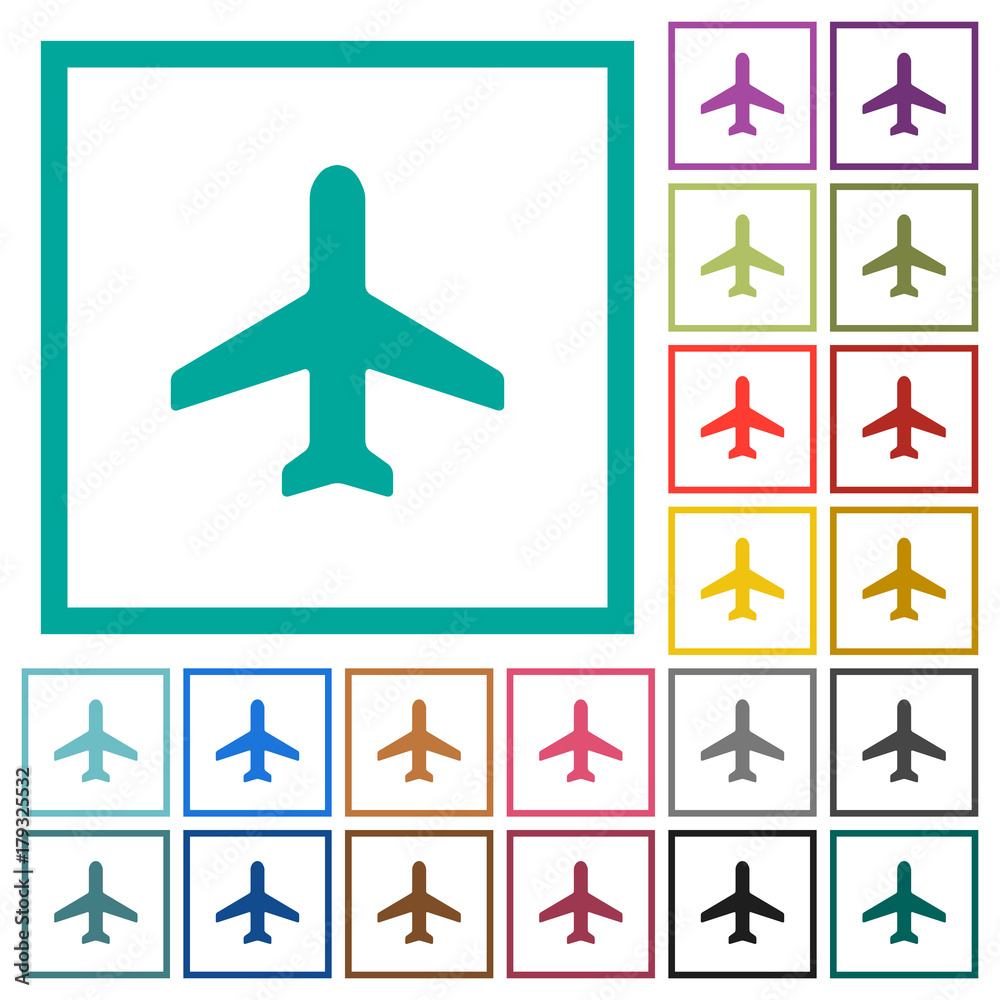 Airplane flat color icons with quadrant frames