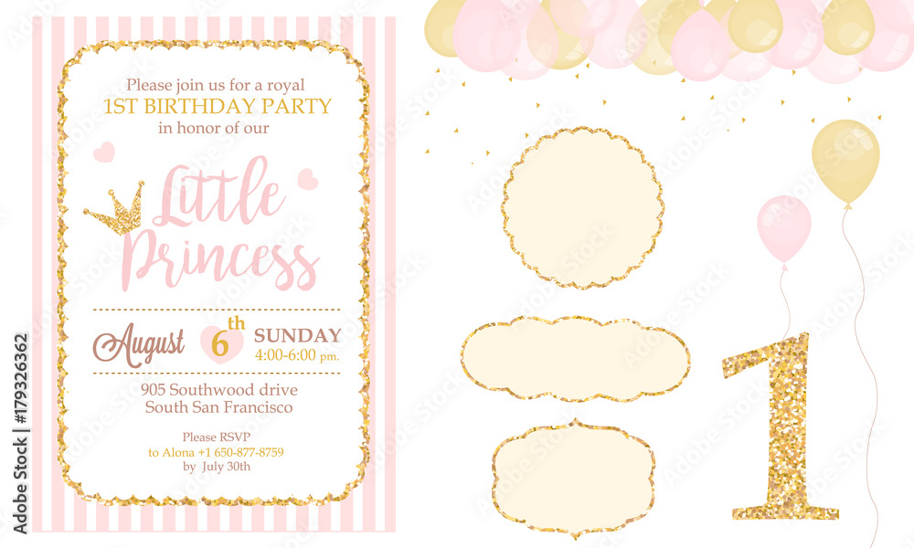 Pink and gold princess party decor. Cute happy birthday card template elements. Birthday party and girl baby shower design elements set. Glitter texture. Golden gloss effect - obrazy, fototapety, plakaty 