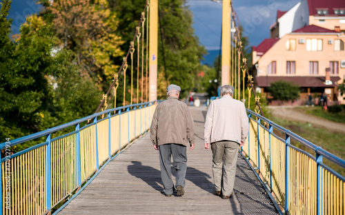 the gray two seniors walking in the park