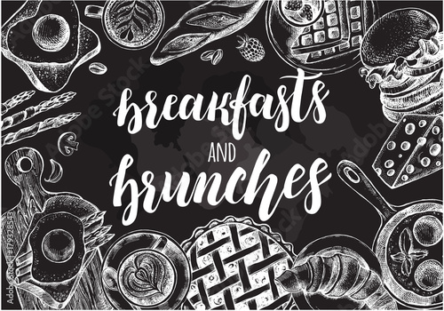Background with ink hand-drawn food and drinks. Breakfast and brunch elements composition with brush calligraphy style lettering. Vector illustration. Menu, signboard, leaflet design template.