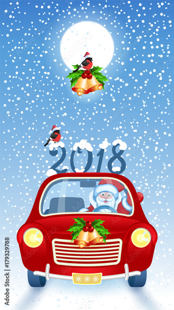 Fototapeta Christmas card with Santa Claus in red car with inscription 2018 against snowfall background and moon.