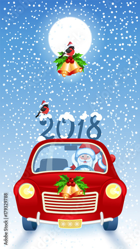 Christmas card with Santa Claus in red car with  inscription 2018 against snowfall background  and moon.