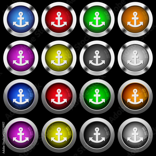 Anchor white icons in round glossy buttons on black background