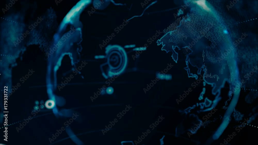 4K Animation Globe with dot world map HUD and infographic graph bar ...