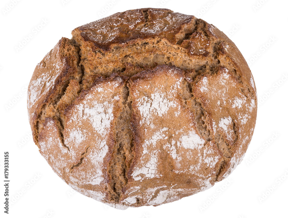 Small round loaf of brown bread with cracks. Fresh baked bread roll isolated on white background. Small round loaf of brown bread with cracks. Fresh baked bread roll isolated on white background.