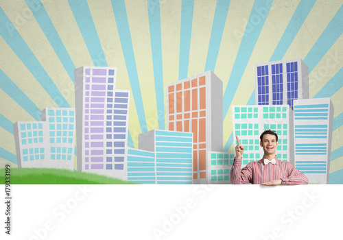 Cheerful man with banner