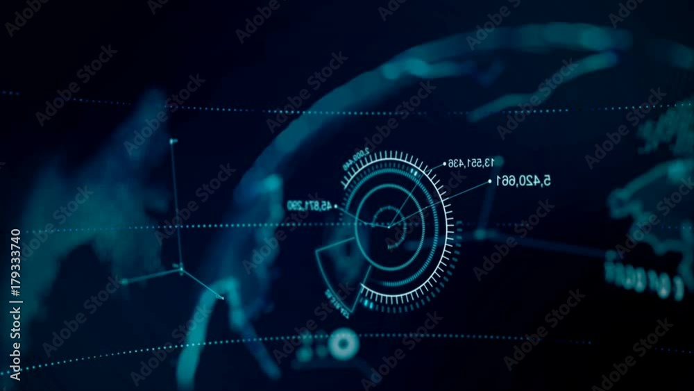 4K Animation Globe with dot world map HUD and infographic graph bar element spin on dark background