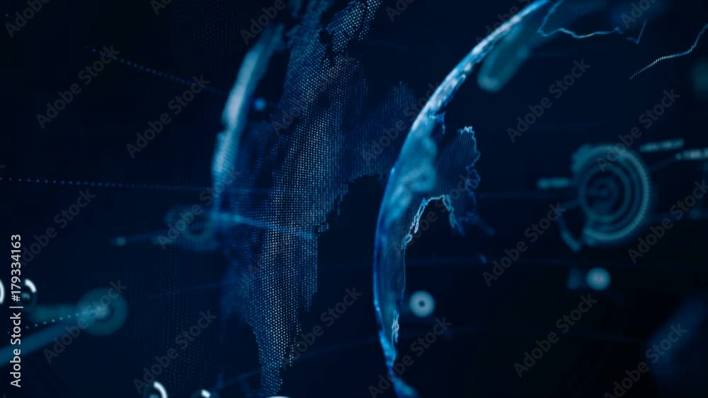 4K Animation Globe with dot world map HUD and infographic graph bar ...