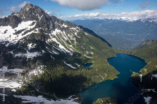 An aerial view of an alpine lake in Squamish, British Columbia