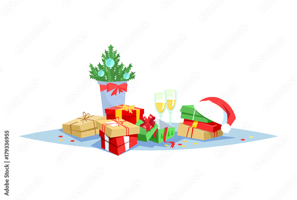 Vector illustration gift box present secret santa office. Christmas celebration in the workplace cartoon style