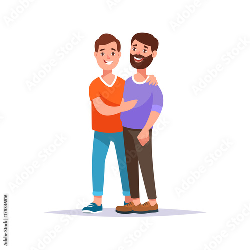 Vector illustration happy gay couple family standing together. Two man homosexual in casual clothing hugging each other isolated