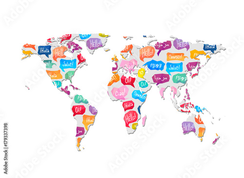 World map with pattern of speaking bubbles with word Hello