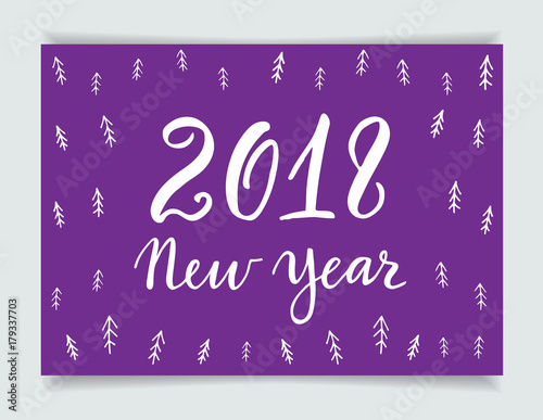 2018 New Year greeting card, lettering and hand-drawn pattern with x-mas tree in scandinavian design style on a violet background. Vector illustration.