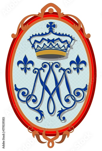 Medallion with M monogram, fleur-de-lis ornament, and a crown