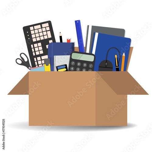 Office accessories in a cardboard box isolated on a white background. There is a keyboard, a calculator, folders, scissors, a ruler, a marker and other stationery in the picture. Vector illustration